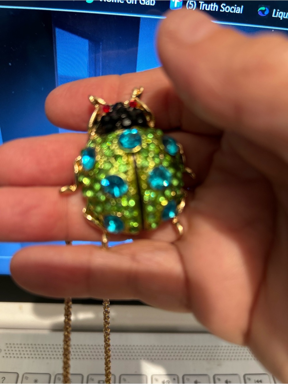 Green and Blue Crystal Ladybug Pendant Necklace. Dr 50